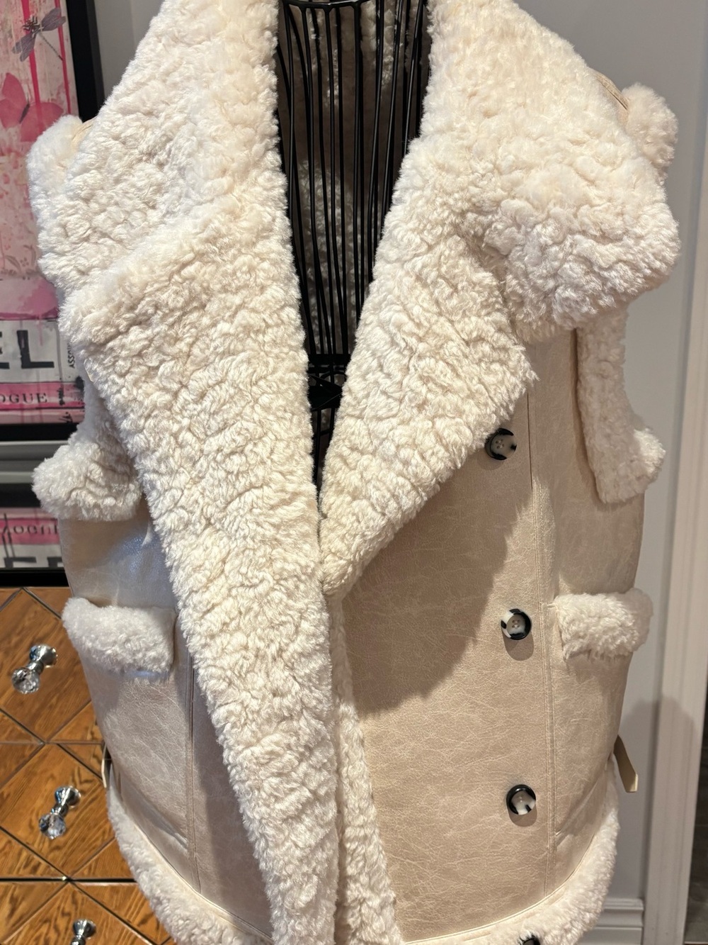 Women's Cream Faux Shearling Double-Breasted Reversible Vest.